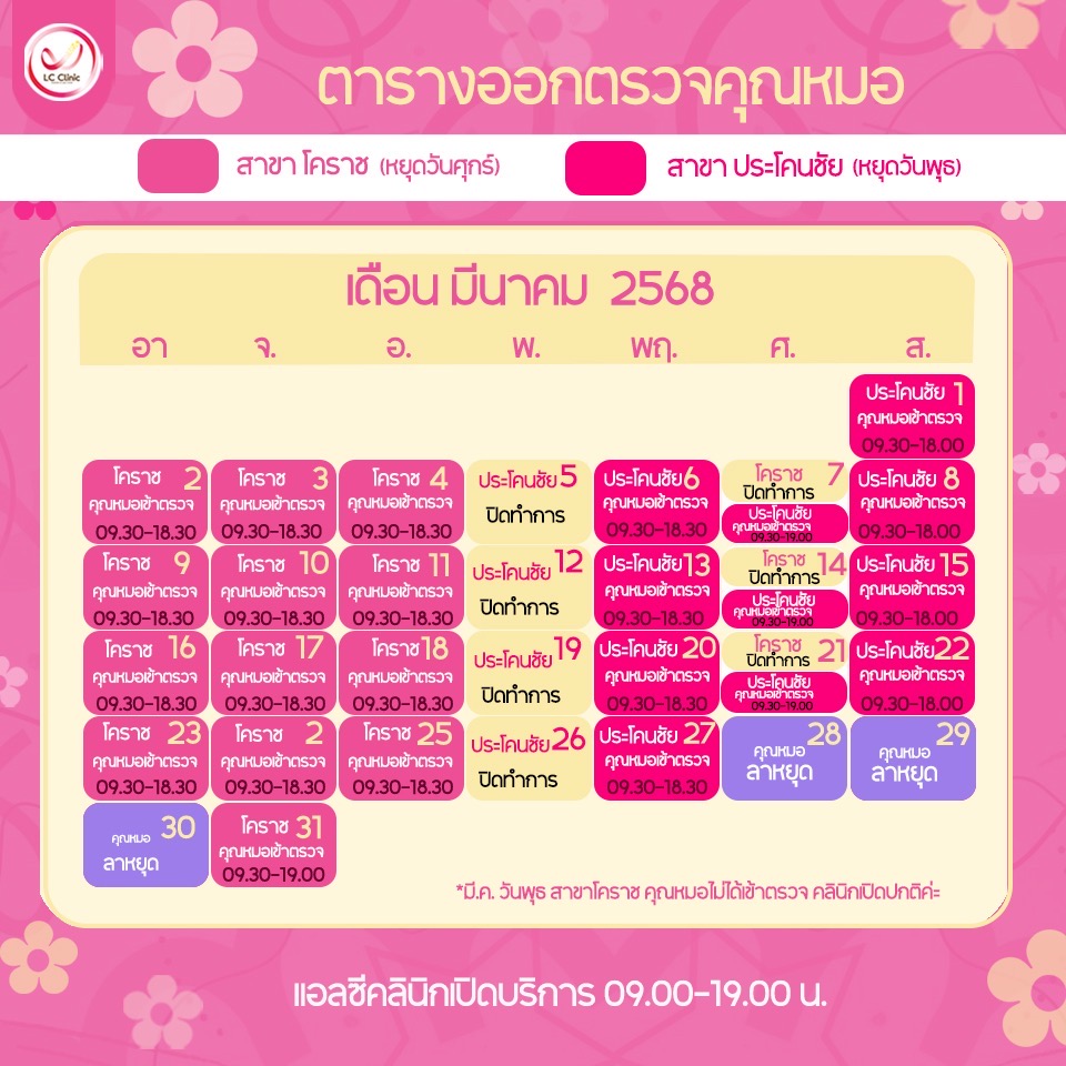 ตารางออกตรวจแพทย์ แอลซีคลินิก มีนาคม 2568