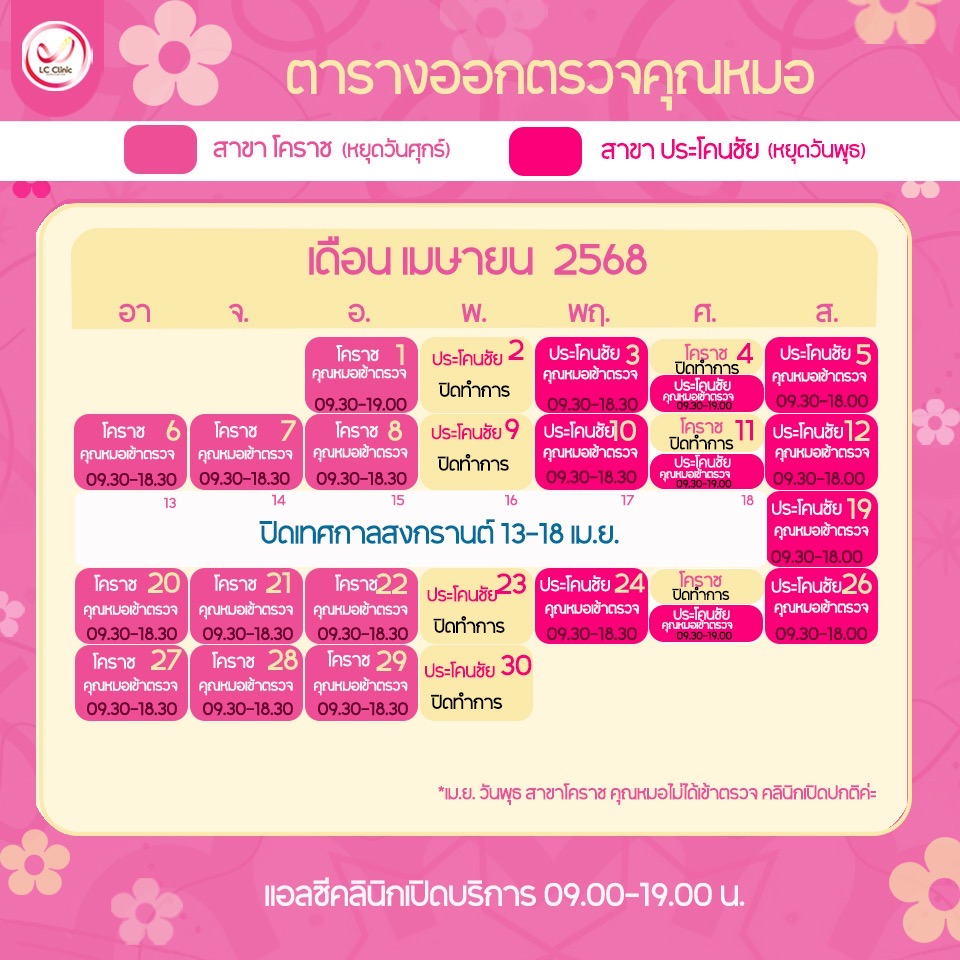 ตารางออกตรวจแพทย์ แอลซีคลินิก เมษายน 2568