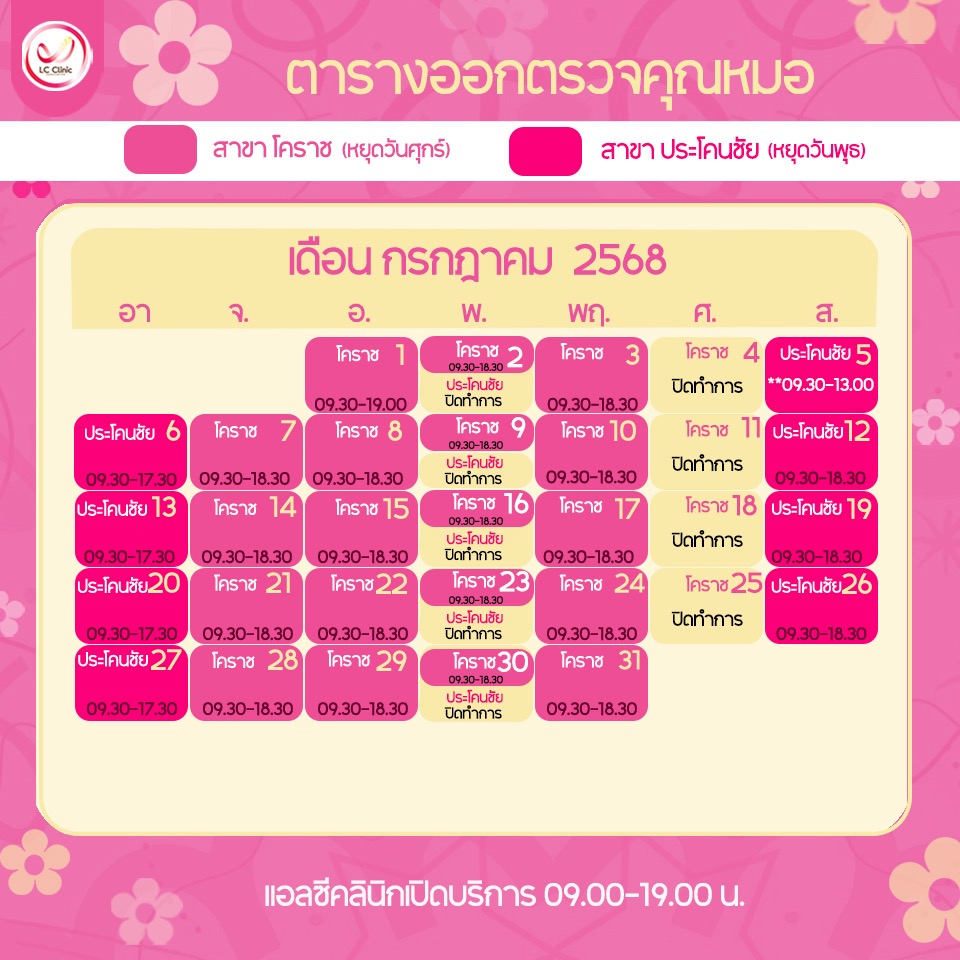 ตารางออกตรวจแพทย์ แอลซีคลินิก กรกฎาคม 2568